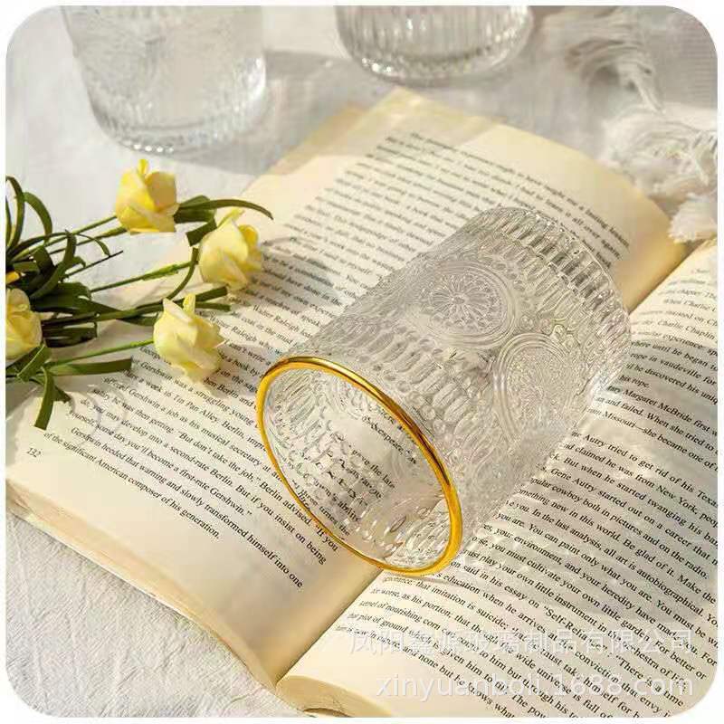 The glass cup is in an ins style, thickened with gold edges and retro embossed. It is a popular sunflower household glass cup as a souvenir Specification drawing