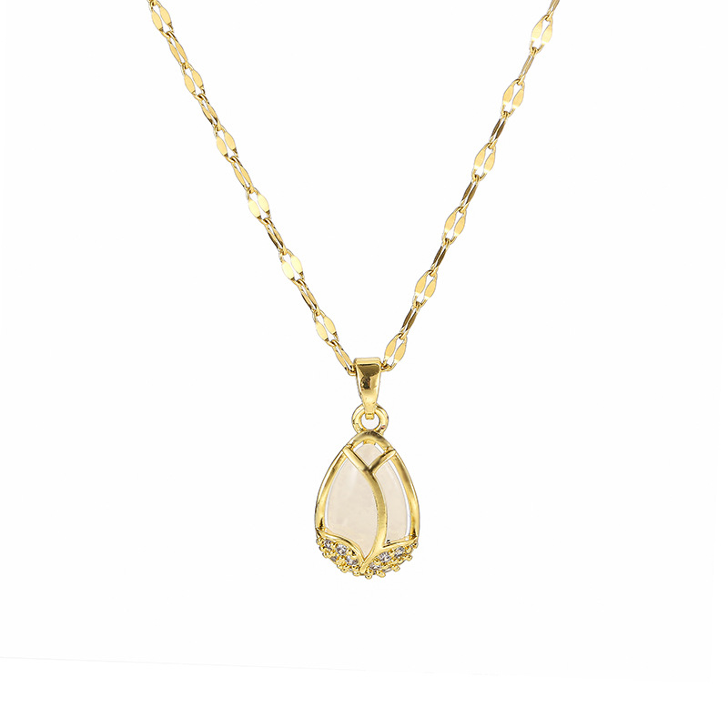 Japanese and Korean style light luxury cat's eye stone tulip pendant titanium steel necklace, women's niche high-end style versatile collarbone chain accessory Item Picture