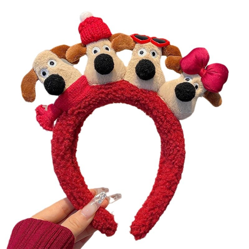 Autumn and winter red furry dog hair band, women's hair pressing and face washing headband, cute and girlish New Year hair tie headwear Item Picture