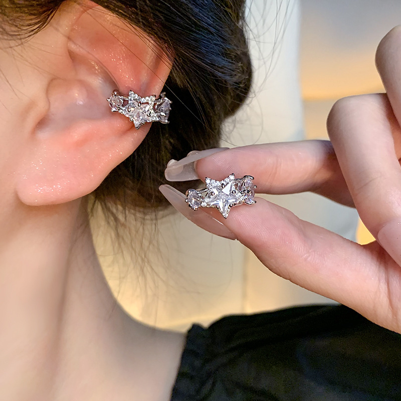Micro-inlaid zircon star ear bone clip earrings, a high-end, light luxury, niche style, versatile, and no-ear piercing earrings wholesale full figure