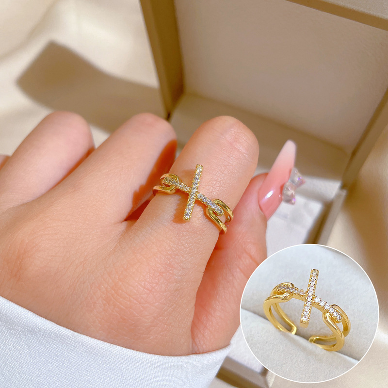 【 Real gold electroplating 】 Open cross women's fashion micro-inlaid light luxury ring index finger ring, the same style as Internet celebrities, cold style full figure