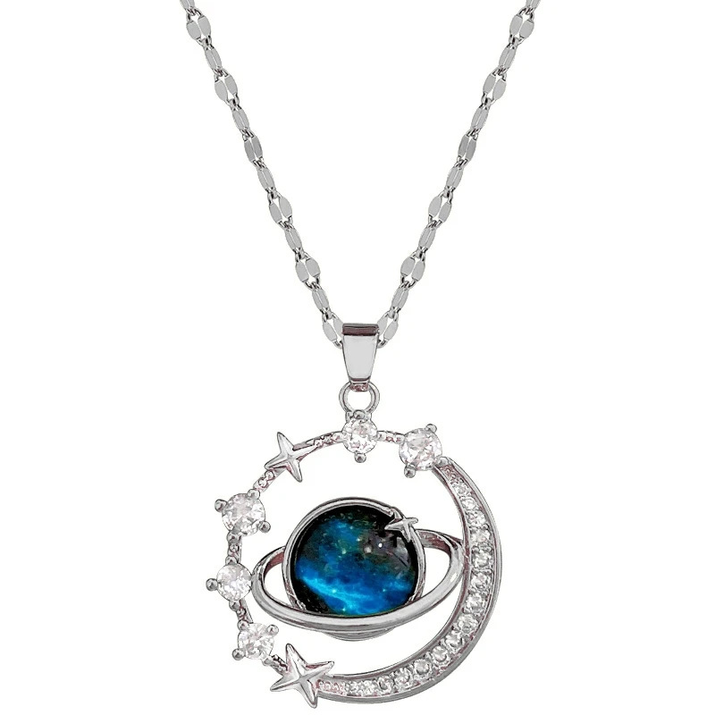 Titanium steel non-fading sweater chain, niche design, light luxury style, starry planet necklace, full diamonds, versatile collarbone chain for women Item Picture