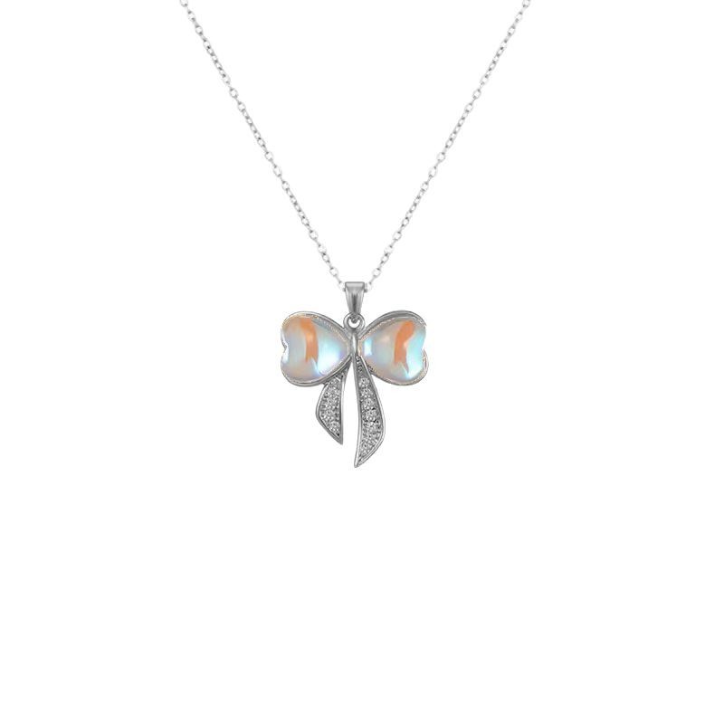 Korean InS-style zircon bow pendant titanium steel necklace women's fashion colorful tassel collarbone chain accessory wholesale Item Picture
