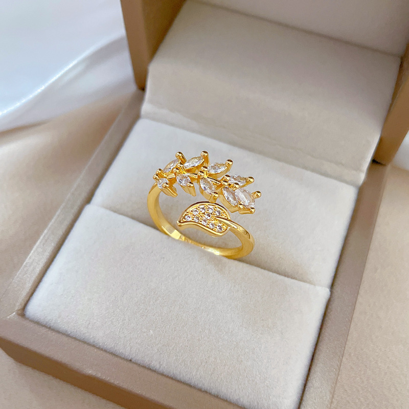 【 Real Gold electroplating 】 Open leaf zircon fashionable slightly inlaid light luxury ring index finger ring, the same style as the Internet celebrity, cold style details Picture