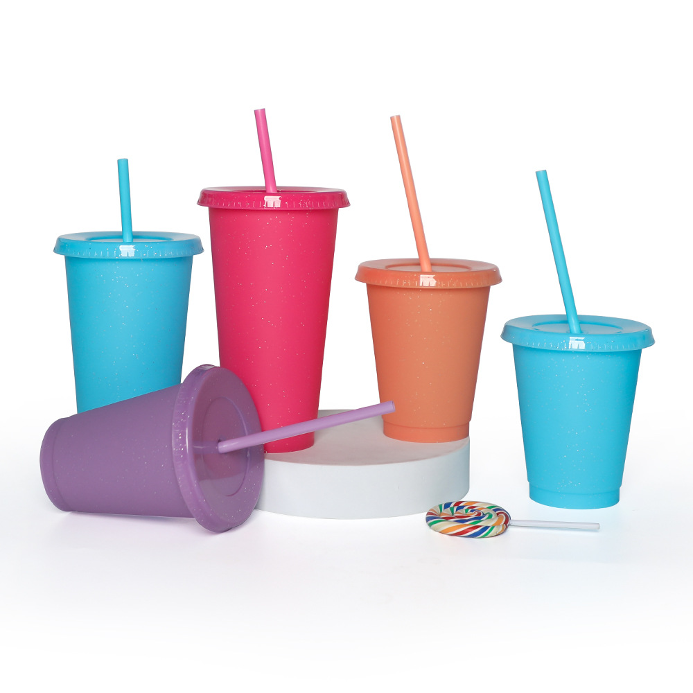 Factory direct supply of 710ml creative glitter straw cups in multiple specifications, single-layer PP solid color glitter coffee plastic cups Item Picture