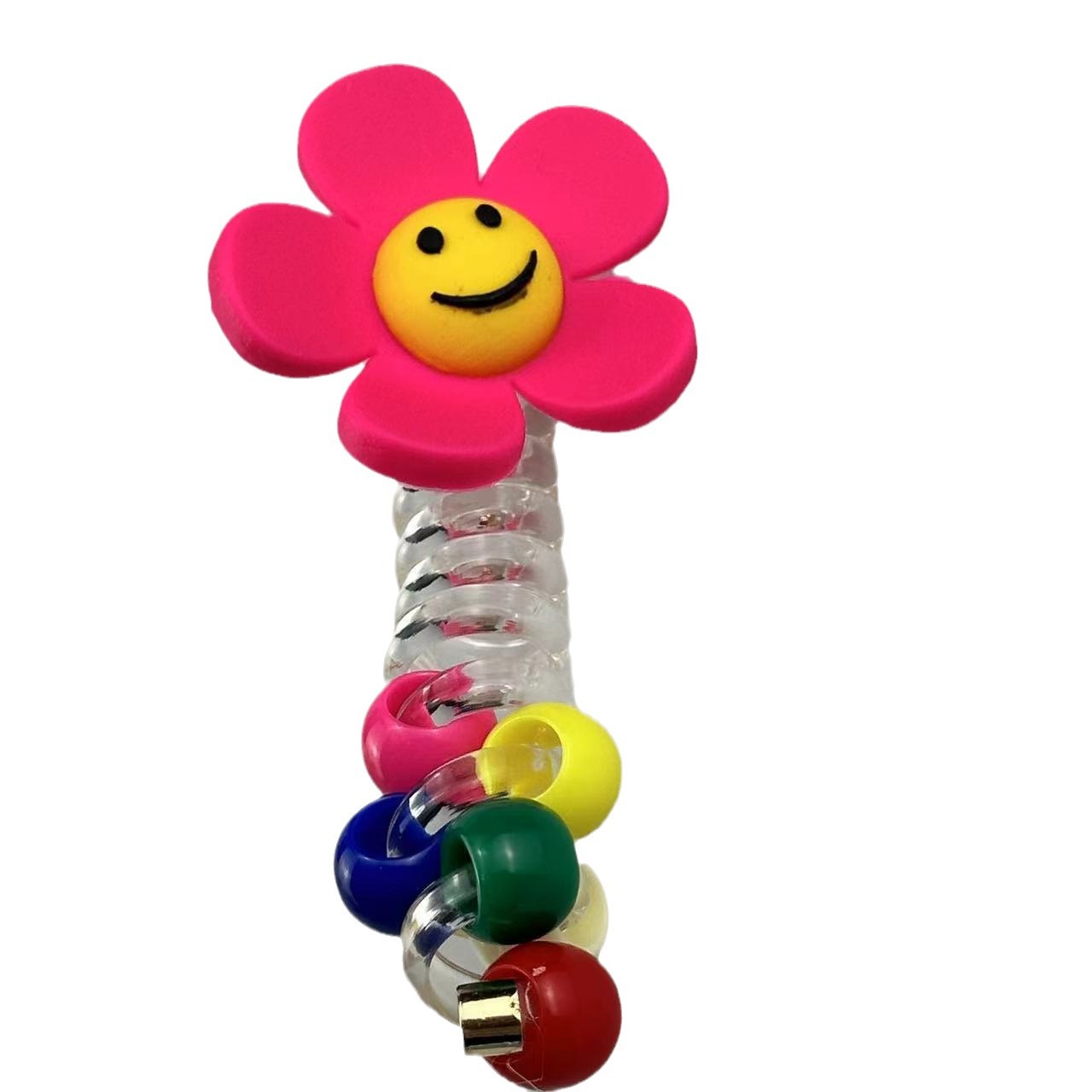 A girl's sunflower telephone line hair tie with a smiling face, a transparent ponytail braid, a hair braiding tool, and a beaded hair string accessory Item Picture
