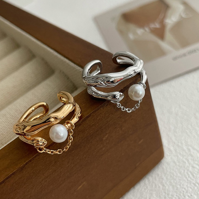 Double-layer irregular metal pearl open ring, a unique design for women, retro, individual, simple and versatile, elegant ring Specification drawing