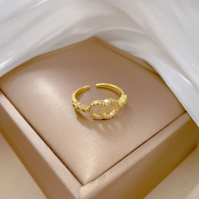 【 Real gold electroplating 】 Open double-ring small incense, fashionable, slightly inlaid, light luxury ring, index finger ring, the same style as the Internet celebrity, cold style Specification drawing