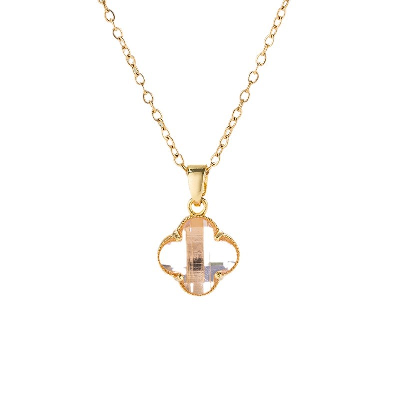 This genuine gold electroplated pink crystal four-leaf clover titanium steel necklace exudes a fashionable, simple and light luxury feel for women. It is a versatile collarbone chain accessory Item Picture