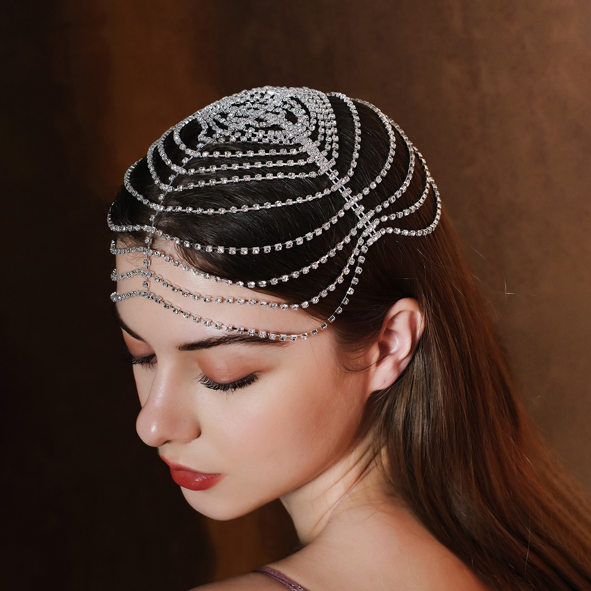 European and American fashionable and personalized ball hair accessories, light luxury water diamond eyebrow center pendant hair band, exaggerated multi-layer layering, elegant styled hair chain details Picture