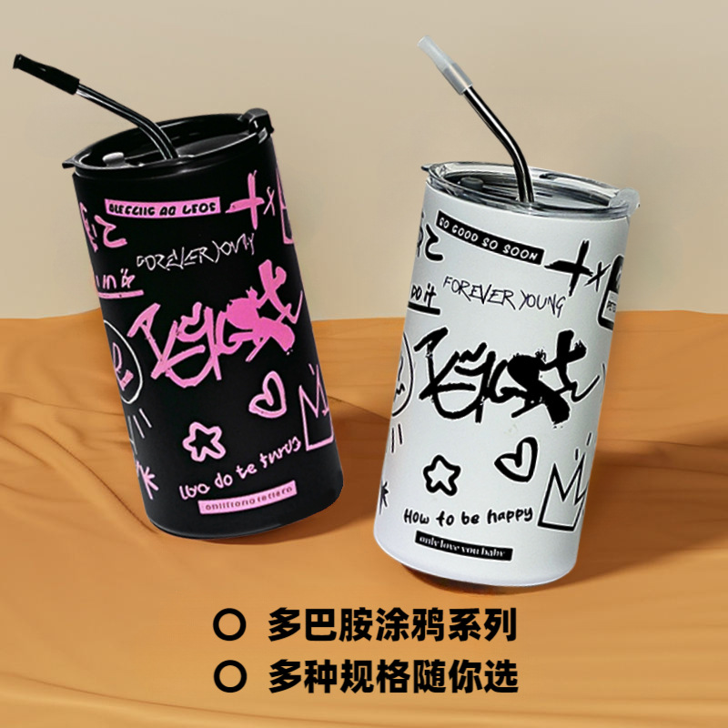 Creative portable double-layer graffiti coffee cup, office girls' straw cup, outdoor stainless steel water cup, household cup details Picture