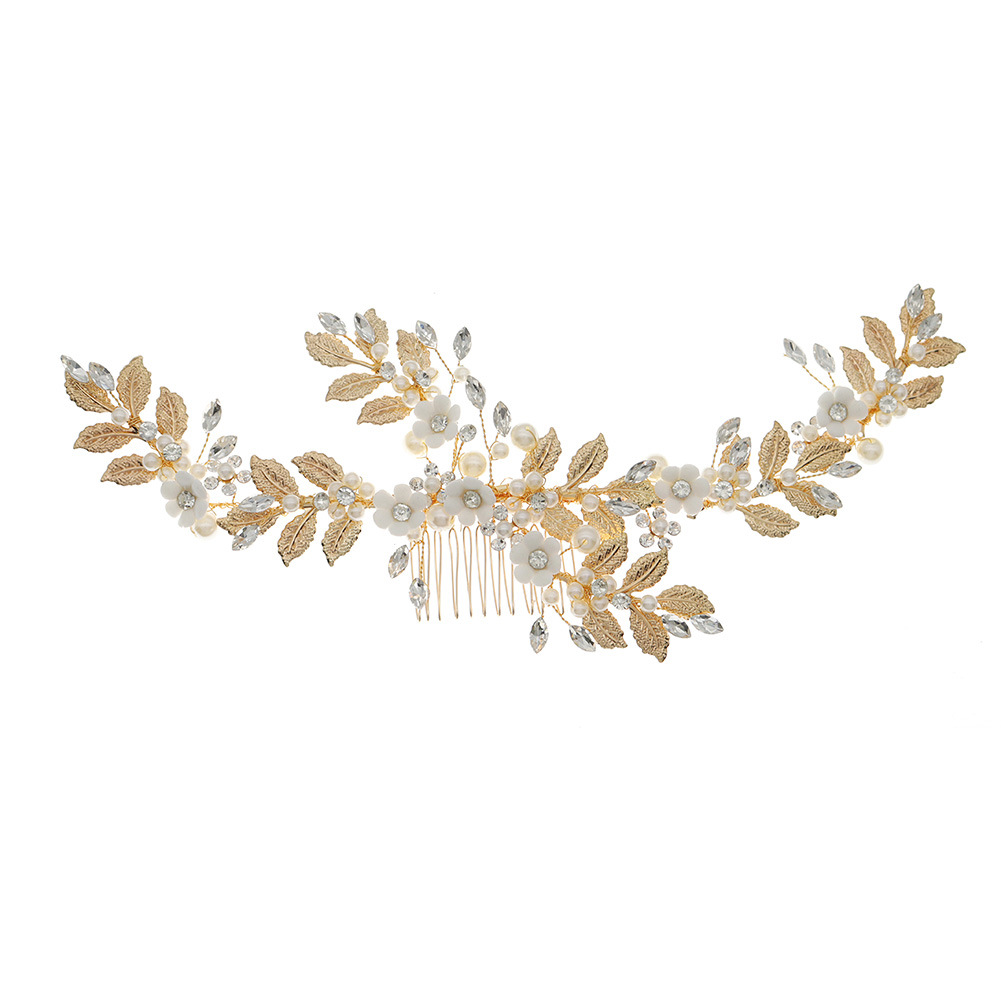 New European and American bridal accessories: pearl and crystal hair combs, metal leaves, handcrafted soft clay flower hair combs Item Picture
