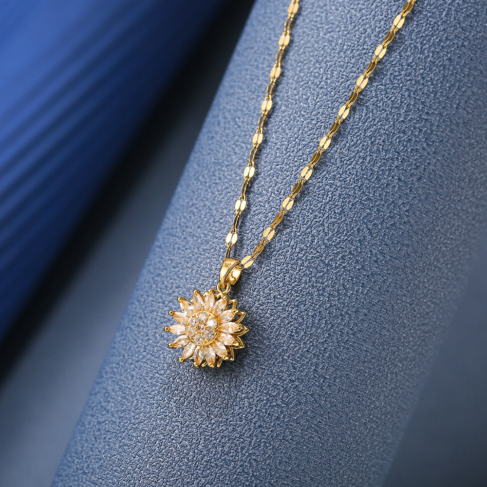 Summer fashion double-layer rotatable sunflower necklace, a versatile women's light luxury style diamond-encrusted Internet celebrity collarbone chain Specification drawing