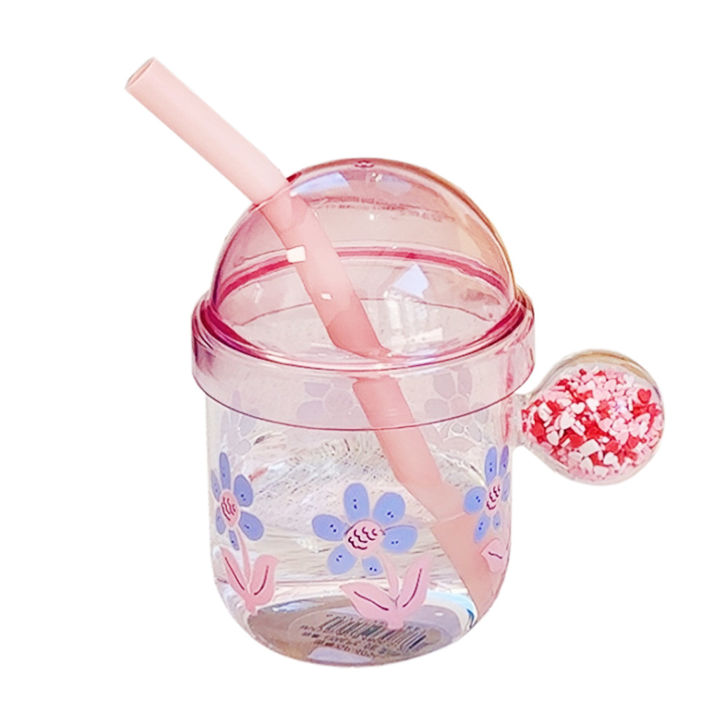 Girls' creative small flower glass cup, high appearance level, office desk straw cup, high-temperature resistant, high appearance level, water cup with handle Item Picture
