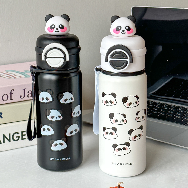 Cute panda insulated cup, high appearance level, double-drinking straw cup for students to go to school, portable outdoor stainless steel water cup, as a gift full figure