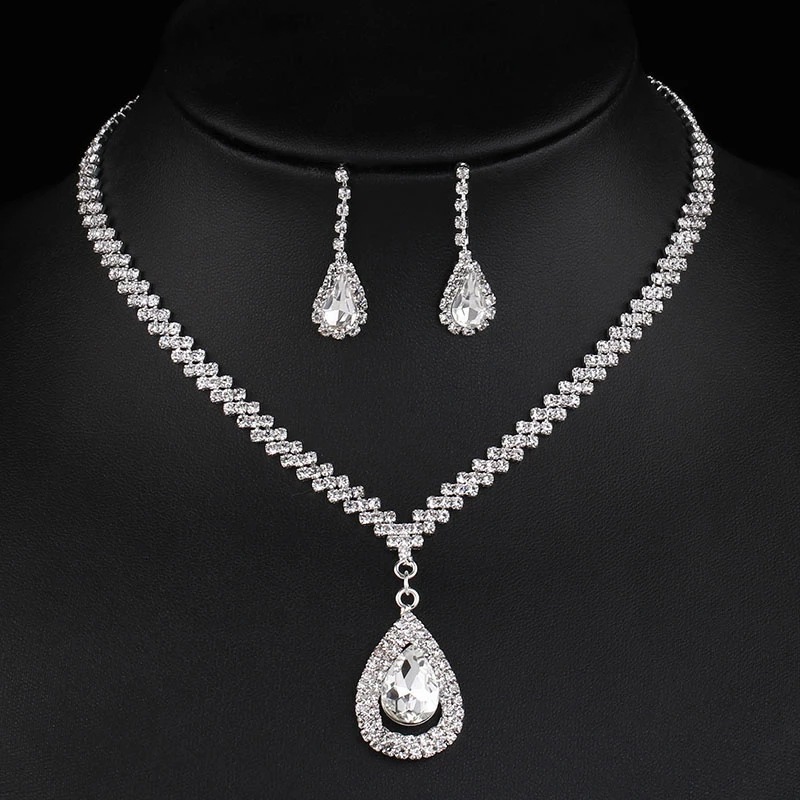 European and American high-end full-diamond teardrop bridal set, necklace, earrings, bracelet, three-piece wedding dress and accessories N6260 details Picture