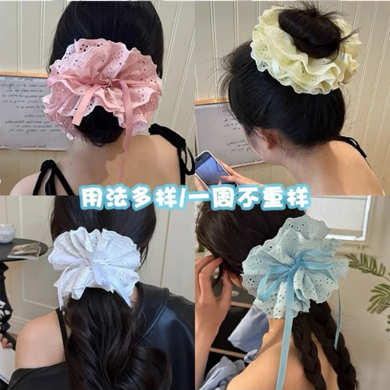 The drawstring design of the laid-back style large intestine hair band is a new Korean style in 2025, featuring a four-layer lace hair tie and headpiece Application Scenario