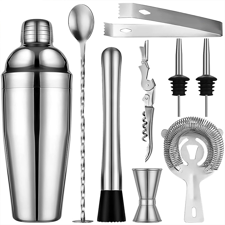 Cross-border best-selling 10-piece set of cocktail mixers and utensils, made of stainless steel with bamboo stand base for bars Item Picture