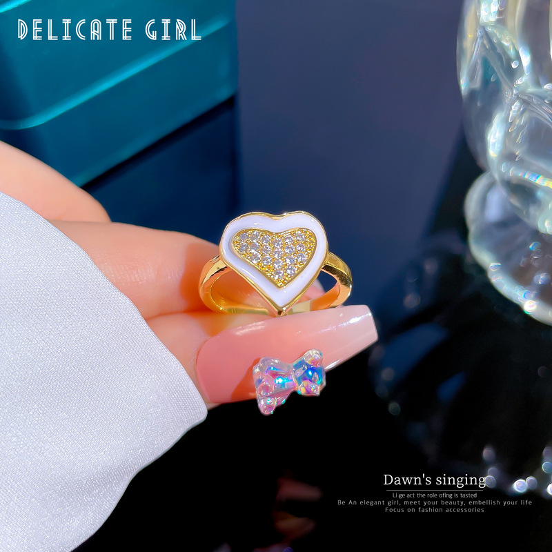 【 Real Gold 】 Oil-dripping heart Full diamond ring with adjustable opening, simple Japanese-style bracelet, couple rings details Picture