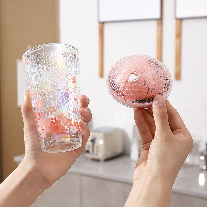 Cherry blossom glass starry sky cup, creative and cute straw cup, household water cup, juice and milk beverage cup, student drinking cup details Picture