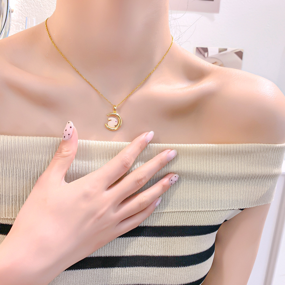 Japanese and Korean simple little rabbit titanium steel necklace, female moon jade rabbit pendant, Douyin same style, niche light luxury accessories wholesale details Picture