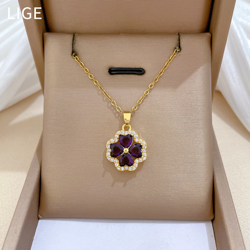【 Titanium Steel 】 Hollow clover, light luxury, luxurious, full diamond necklace, versatile for women, collarbone chain, titanium steel chain Specification drawing