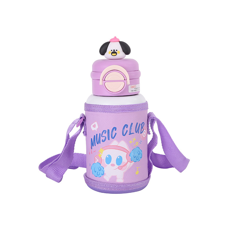 New 316 stainless steel insulated cup, cartoon cute straw, double-drinking children's water cup, large-capacity shoulder strap bouncing cup Item Picture
