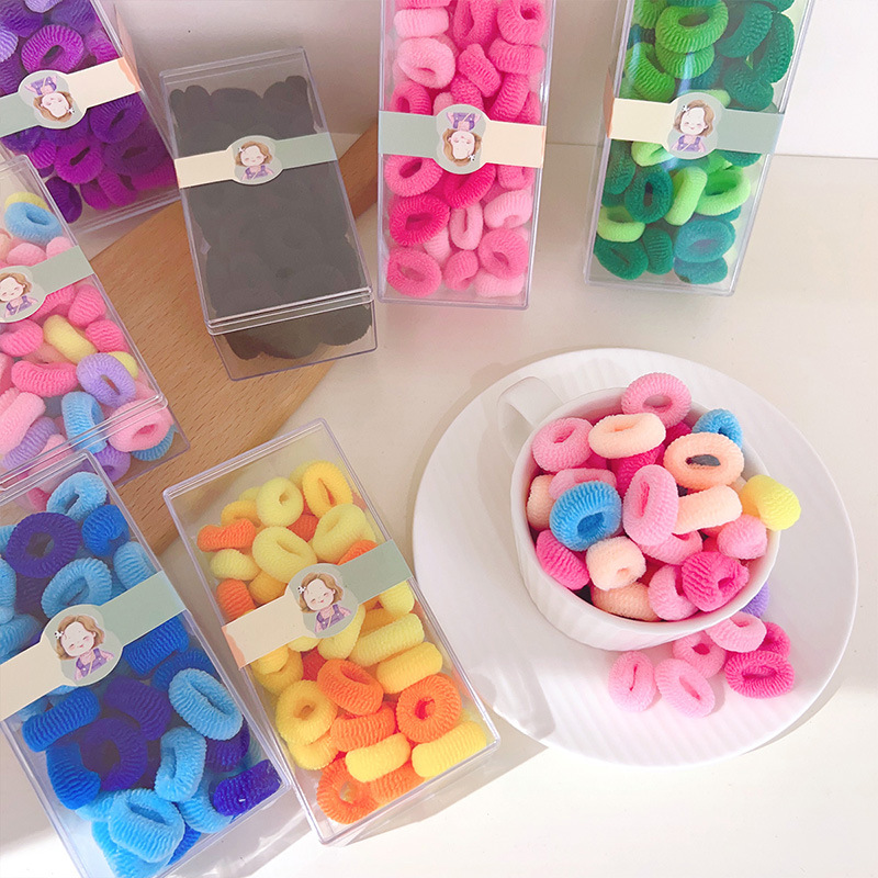 Cotton soft towel hair band in rainbow color, 60 pieces in a box, baby hair tie, children's rubber band, non-damaging to hair, children's hair accessory Application Scenario