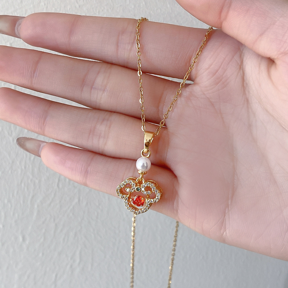 A genuine gold electroplated colorful auspicious cloud pearl peace pendant, titanium steel necklace, a woman's full diamond light luxury and high-end collarbone chain details Picture