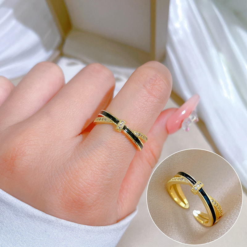 【 Real gold electroplating 】 Open oil drip cross-shaped fashionable micro-inlay light luxury ring index finger ring, the same style as the Internet celebrity, cold style details Picture
