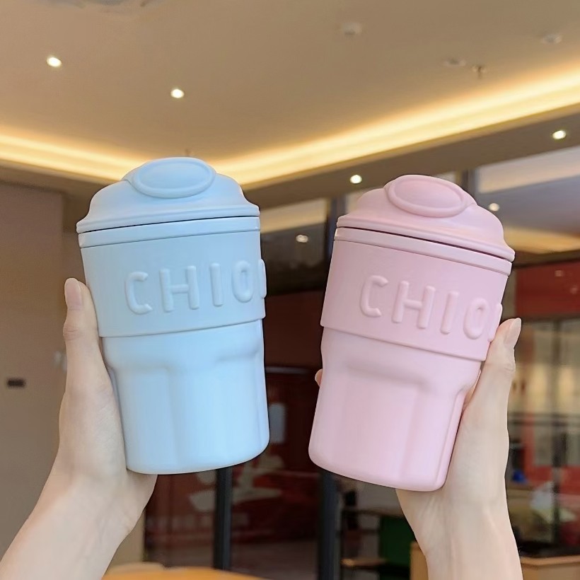 Simple stainless steel water cup, simple ins double-drinking straw cup, high appearance level portable girls' cold coffee insulated cup details Picture