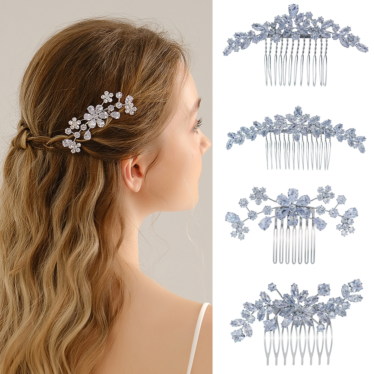 The bride's headwear and comb are niche wedding dress and dress accessories for women. They are versatile and high-end in Instagram. Zircon flower hair comb full figure