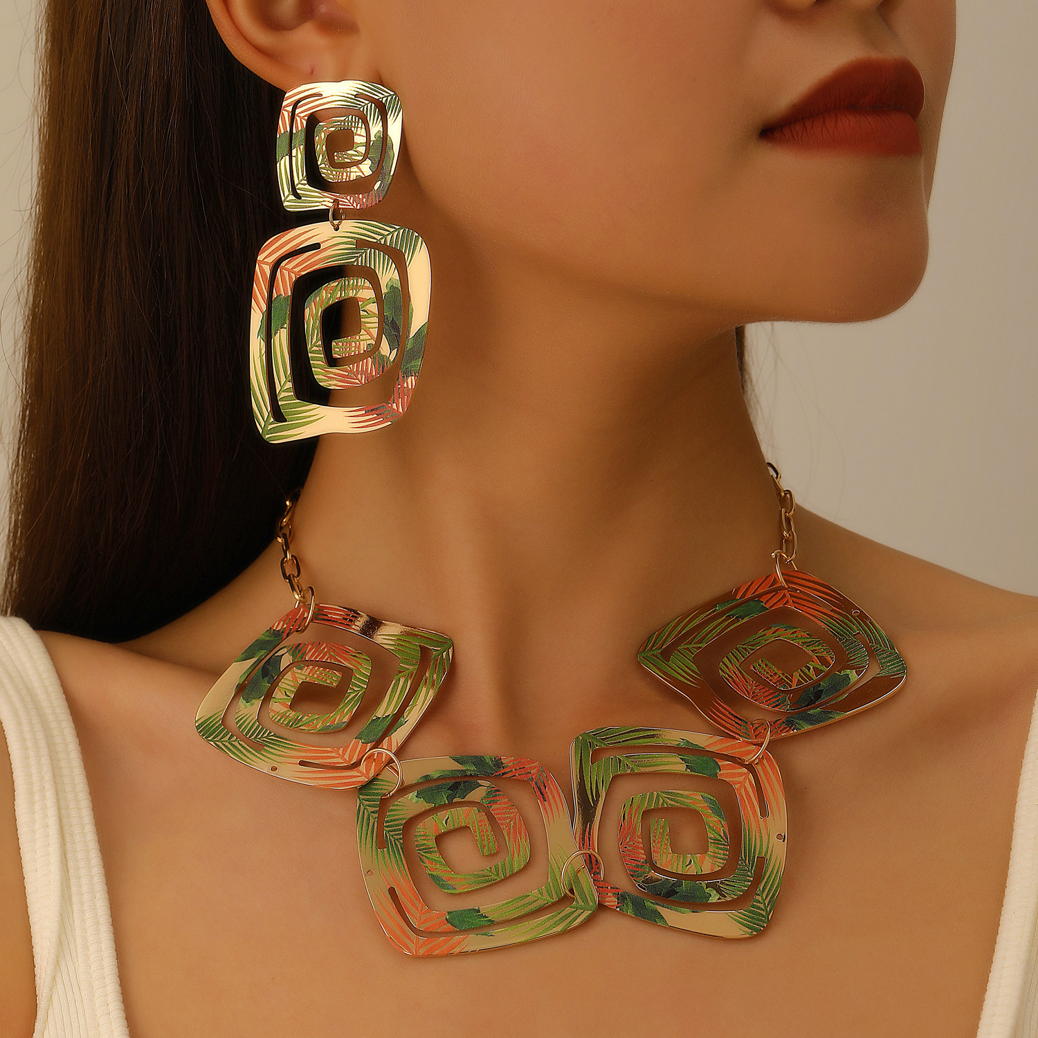European and American cross-border TEMU exaggerated geometric alloy earrings and necklace set, women's retro ethnic style fake party jewelry Application Scenario