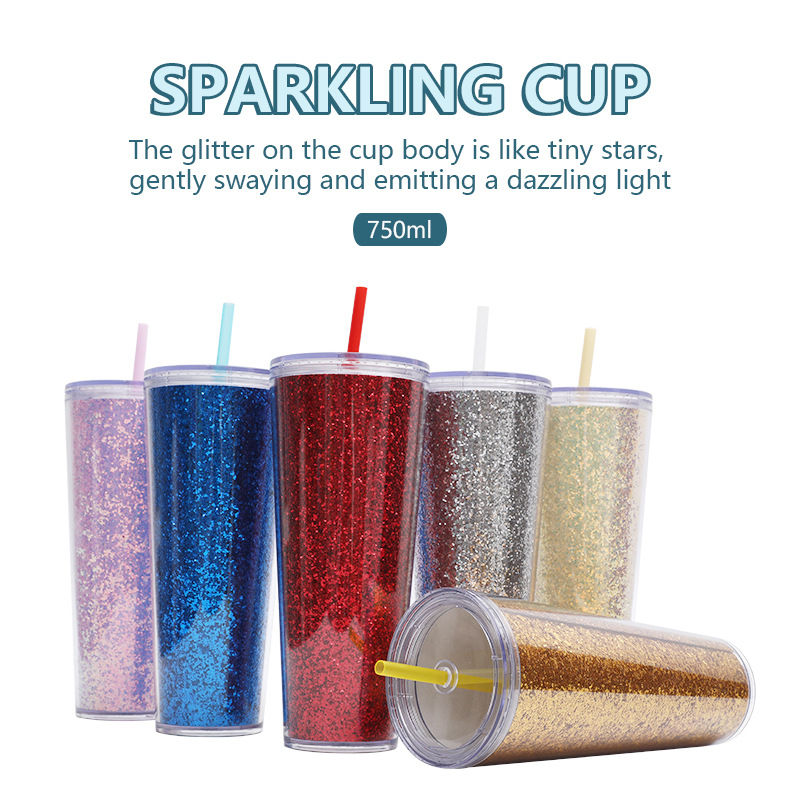 New cross-border factory direct supply double-layer plastic cups, light luxury, simple and large-capacity cups, big gold onion straw water cups details Picture
