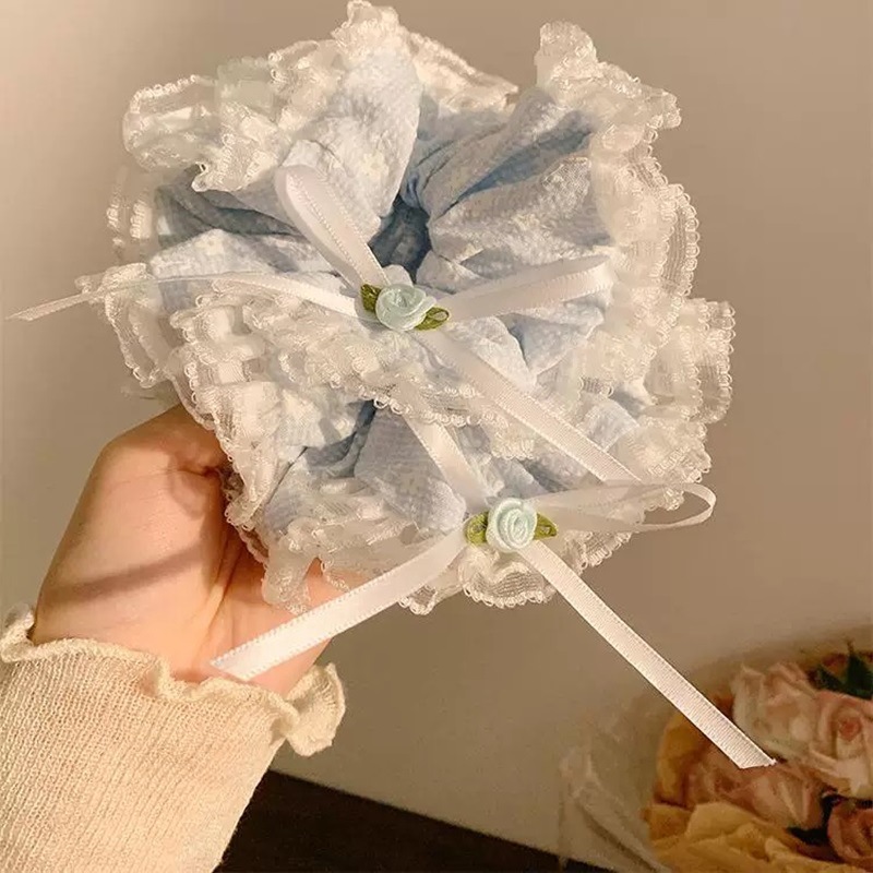 Sea Salt Girl ~ Blue bow lace large intestine hair band, a high-end Korean-style sweet flower hair tie accessory details Picture