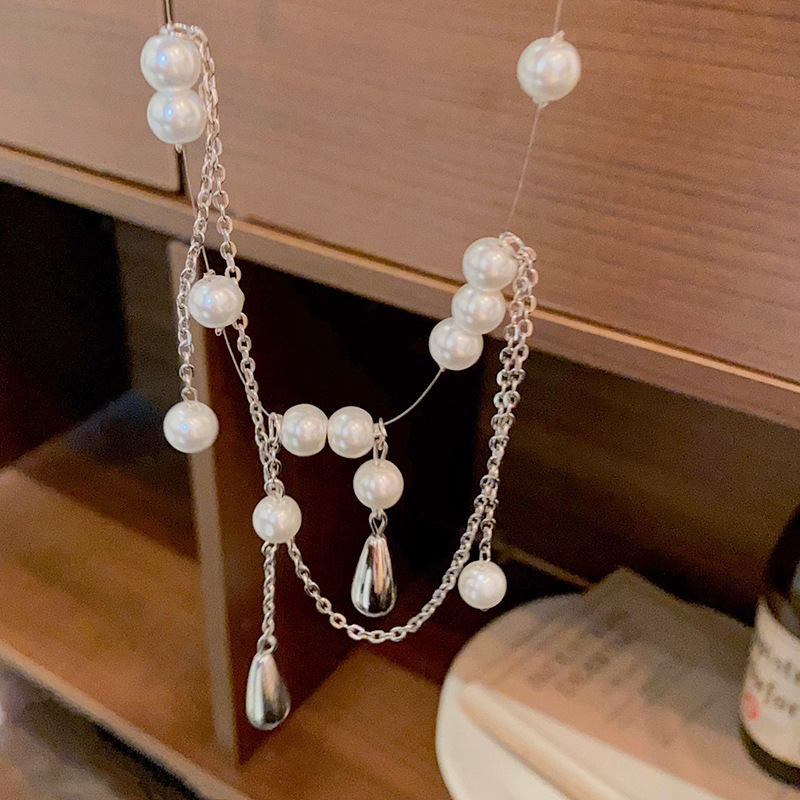 Water drop pearl tassel necklace for women, light luxury and niche style, beaded collarbone chain design sense, French retro accessory Specification drawing