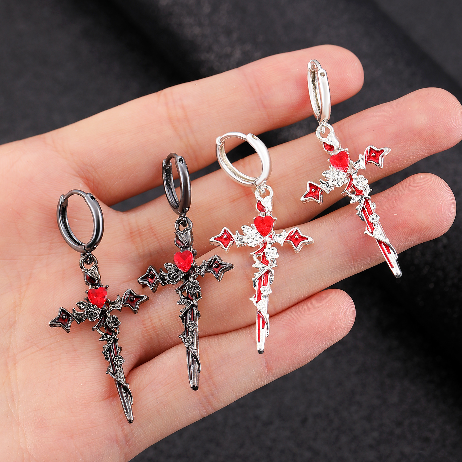European and American cross-border dark thorns oil rose heart cross earrings for women, chain rivets punk earrings for men details Picture