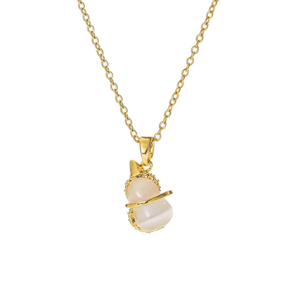 Double-sided cat's eye gourd necklace for women, real gold electroplated with micro-inlaid zircon full diamond pendant, titanium steel light luxury collarbone chain Item Picture