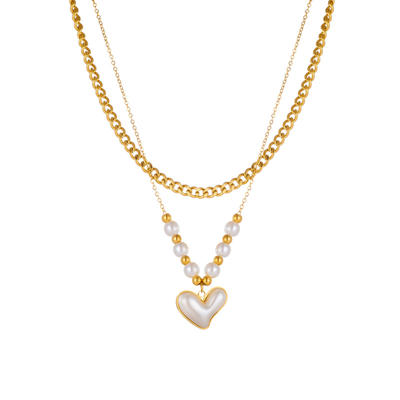 A retro necklace with European and American fashion style, inlaid with pearls, heart-shaped cross eyes, turquoise pendants and double-layer stainless steel Item Picture