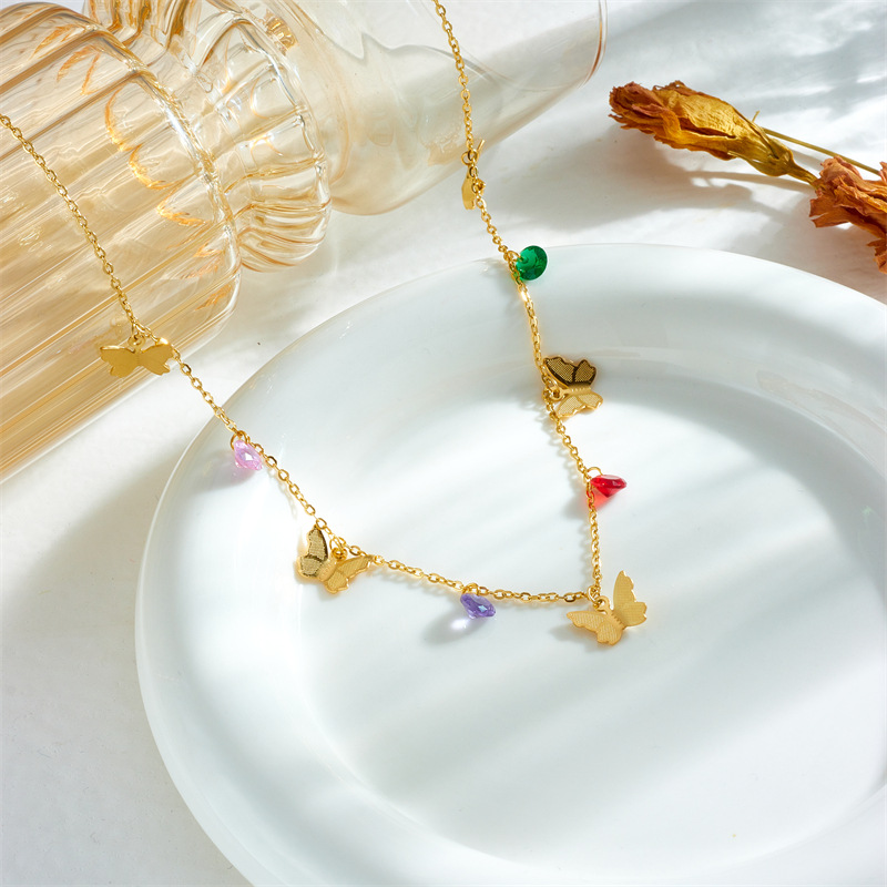 European and American fashion, niche, simple and retro, versatile three-dimensional butterfly-cut, colorful rhinestone pendant chain titanium steel necklace details Picture
