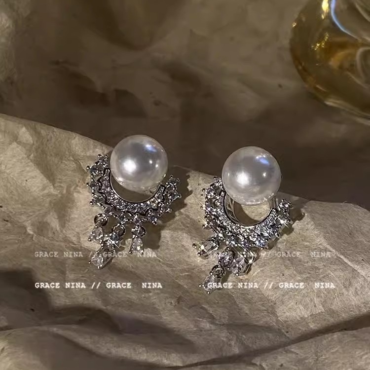 925 Silver Needle Zircon tassel pearl Stud earrings, elegant French earrings, light luxury and high-end earrings, trendy women's style details Picture