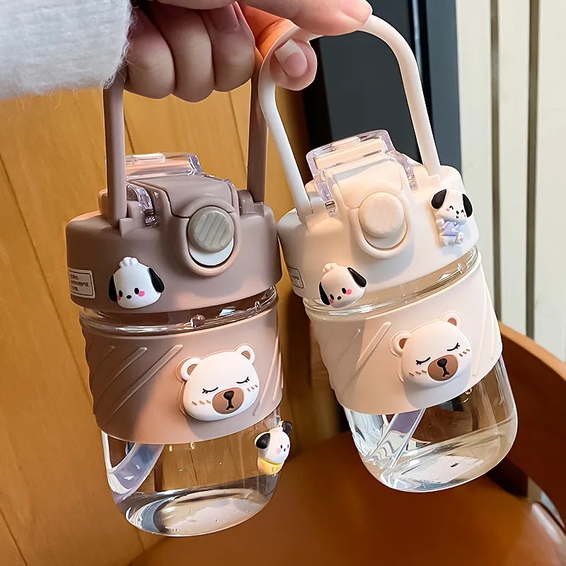 Cute little bear glass cups, cartoon student double-drinking straw cups, high appearance level, join hands to prevent leakage, wholesale of casual cups details Picture