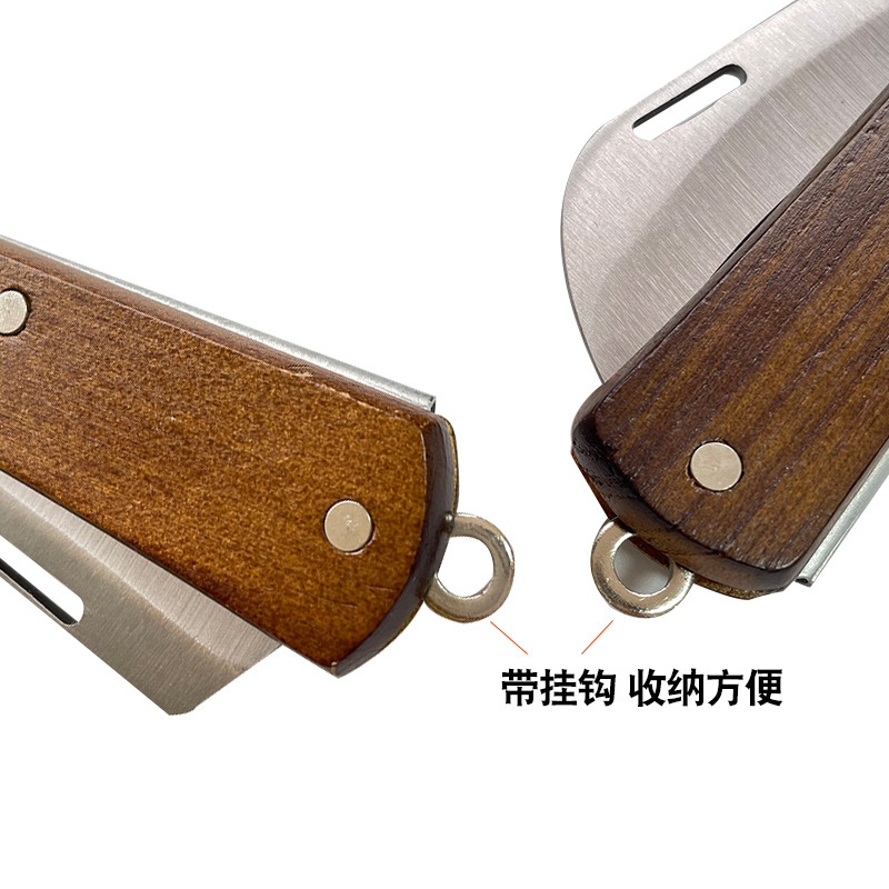 Wholesale of hardware tools: multi-functional wooden handle straight head elbow electrician's knife, stainless steel cable insulation folding peeling knife Specification drawing