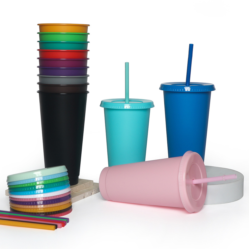 Factory direct sales of 710ML milk tea plastic cups with straws, solid color reusable straw water cups in stock for wholesale Specification drawing