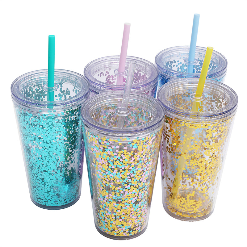 2025 Cross-border new model factory direct supply transparent bright sheet double-layer thickened plastic cup 16oz creative straw cup, durable Specification drawing