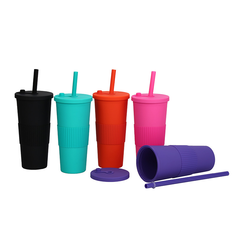 The manufacturer's new cross-border Amazon portable double-layer plastic cup, large-hole universal powder-coated milk tea lid straw cup Specification drawing