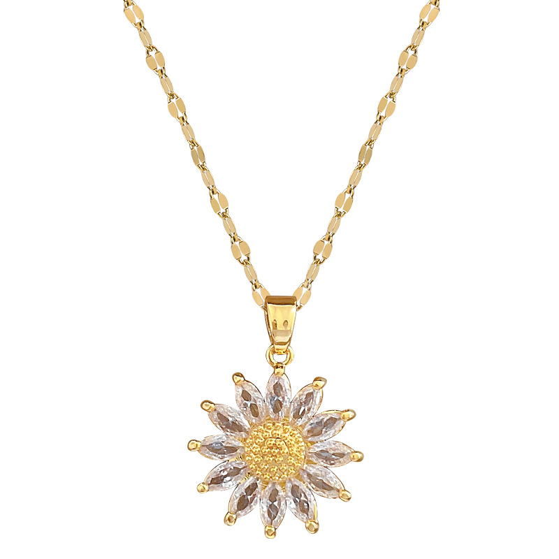 【 Titanium Steel 】 Luxurious sunflower flower, the same style as the Internet celebrity, full zirconium necklace, women's fashion trend collarbone chain manufacturer Item Picture