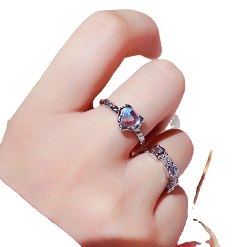 Sweet and cool style moonstone heart-shaped fashionable open ring for women, simple and individual, cold style, light luxury and high-end ring trend Item Picture