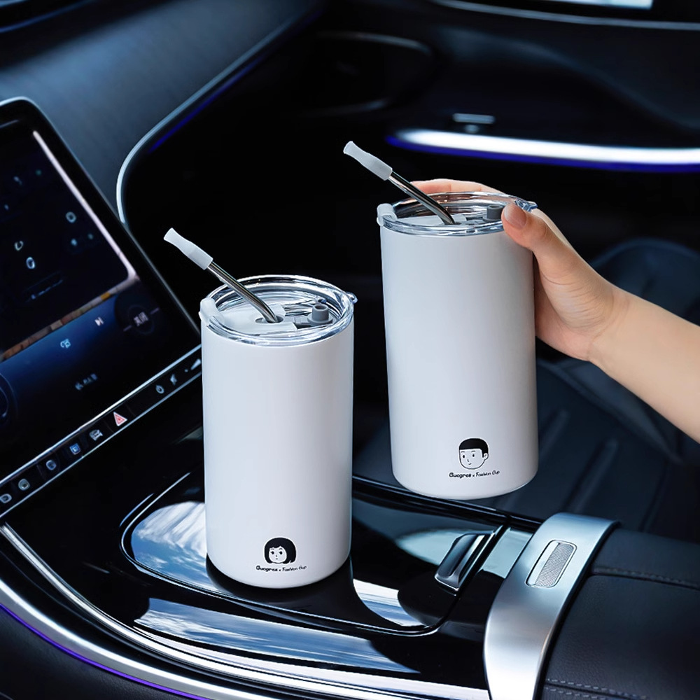 New student coffee cups, high-quality stainless steel cups, couple straw cups for boys and girls, household ice cups, insulated cups full figure