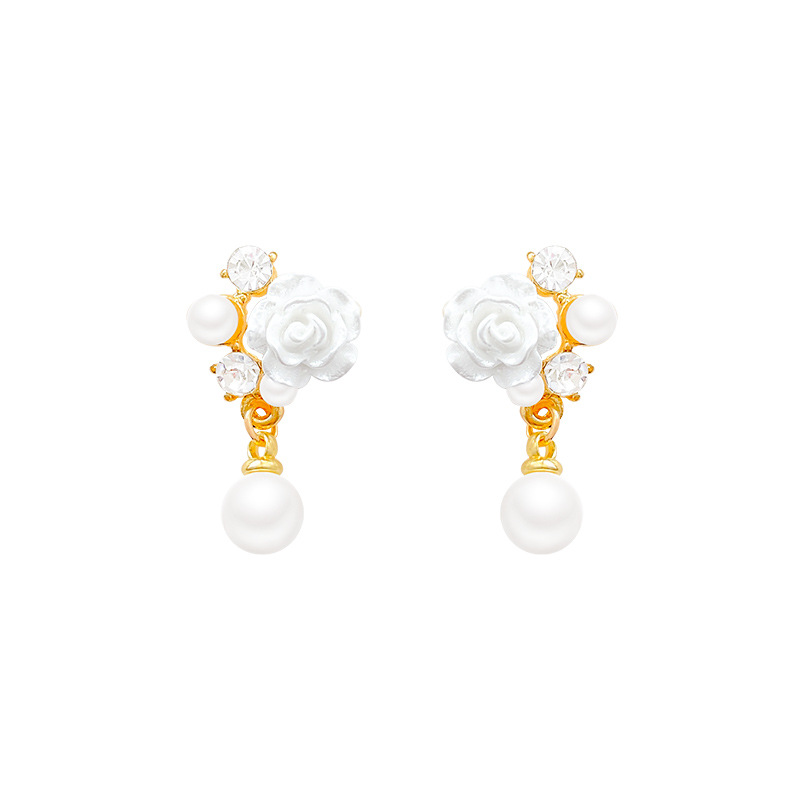 French camellia pearl stud earrings, a new bestseller for women in 2024, zircon tassel earrings, a trendy and popular ear accessory Item Picture